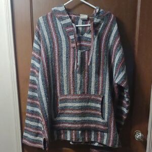 Striped Baja Hoodie Drug Rug Hooded Blanket Poncho Woven XL Grunge Thrashed Y2K